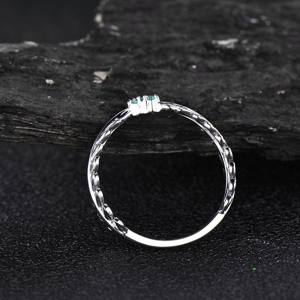 Vintage natural emerald ring gold unique emerald ring white gold feather Leaves ring wedding bridal ring gift jewelry May birthstone ring