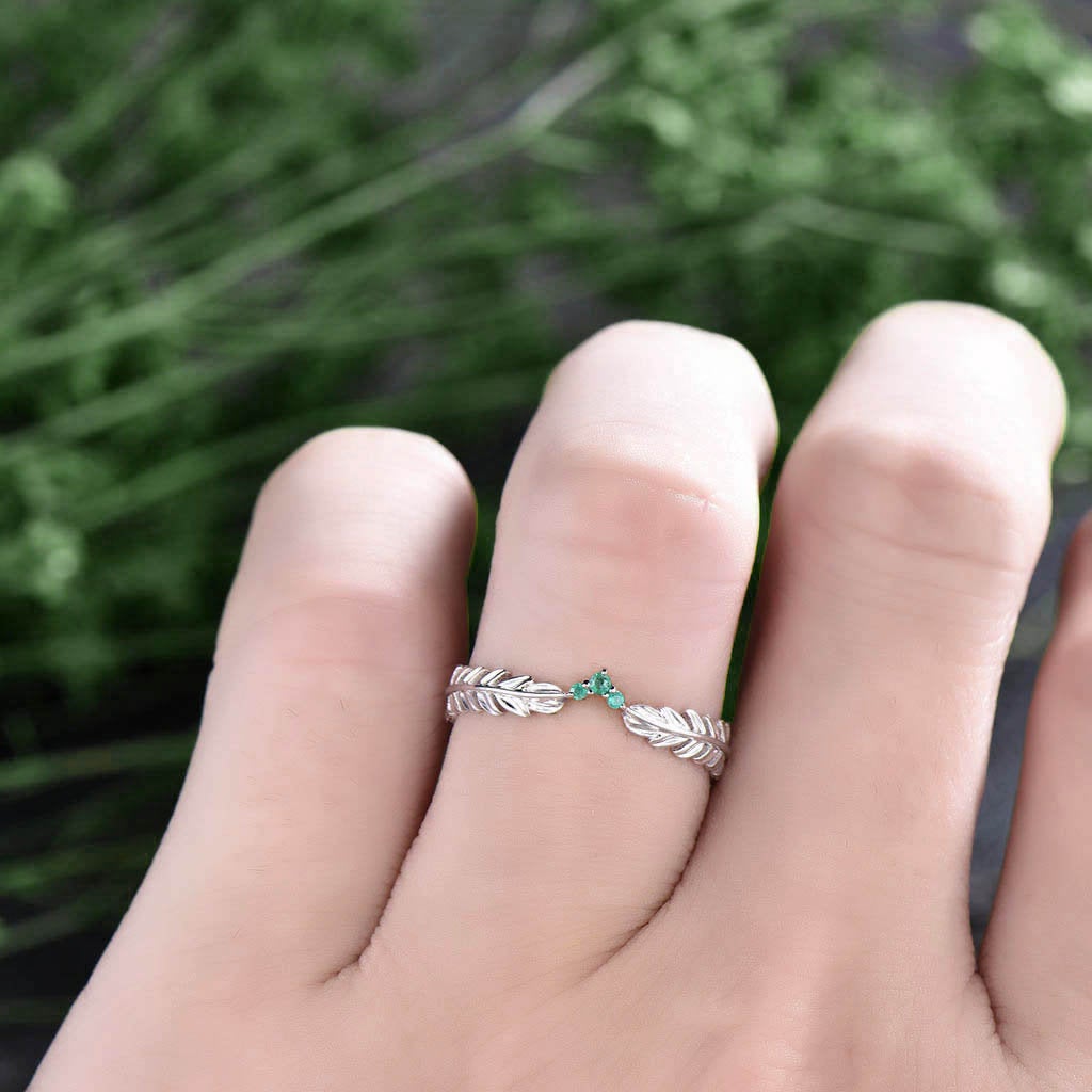 Vintage natural emerald ring gold unique emerald ring white gold feather Leaves ring wedding bridal ring gift jewelry May birthstone ring