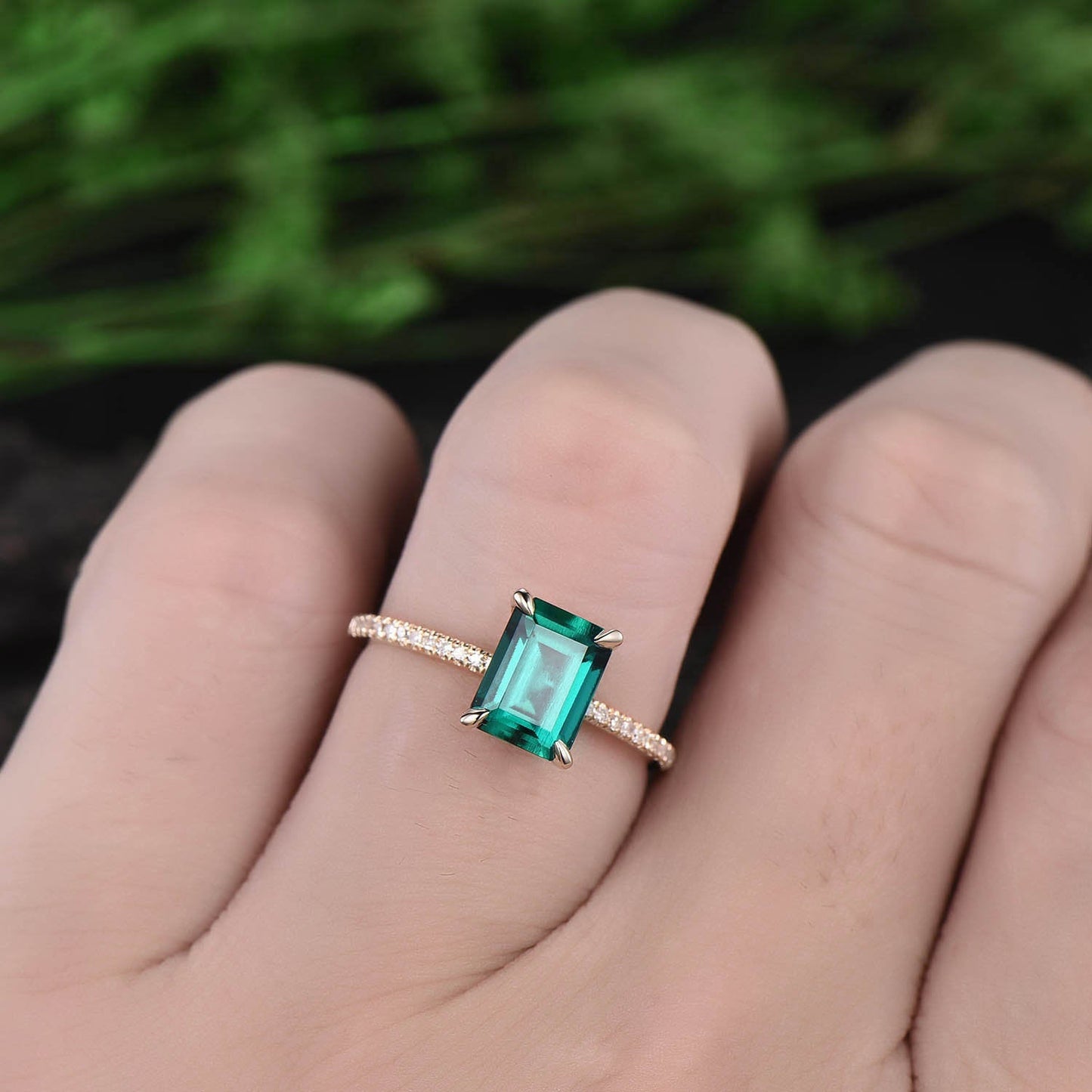 Emerald cut emerald ring for women vintage emerald engagement ring rose gold unique bridal ring half eternity diamond ring anniversary gift