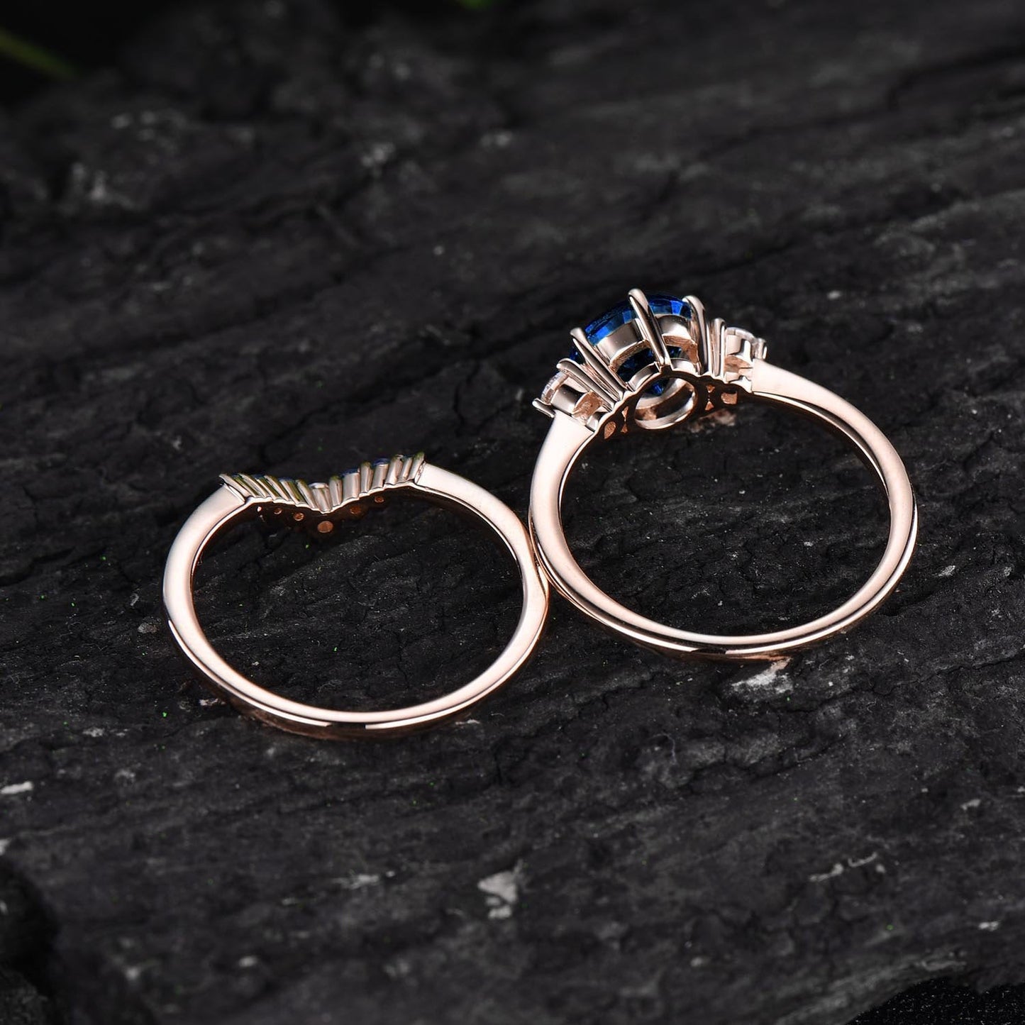 Vintage unique Three stone engagement ring 2pcs blue sapphire engagement ring set rose gold natural sapphire wedding ring band bridal set
