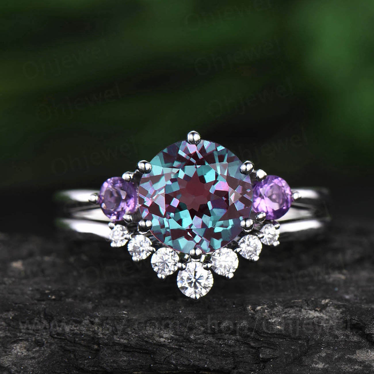 Vintage amethyst ring gold 2pcs antique Alexandrite engagement ring white gold unique jewelry wedding bridal ring anniversary gift for her