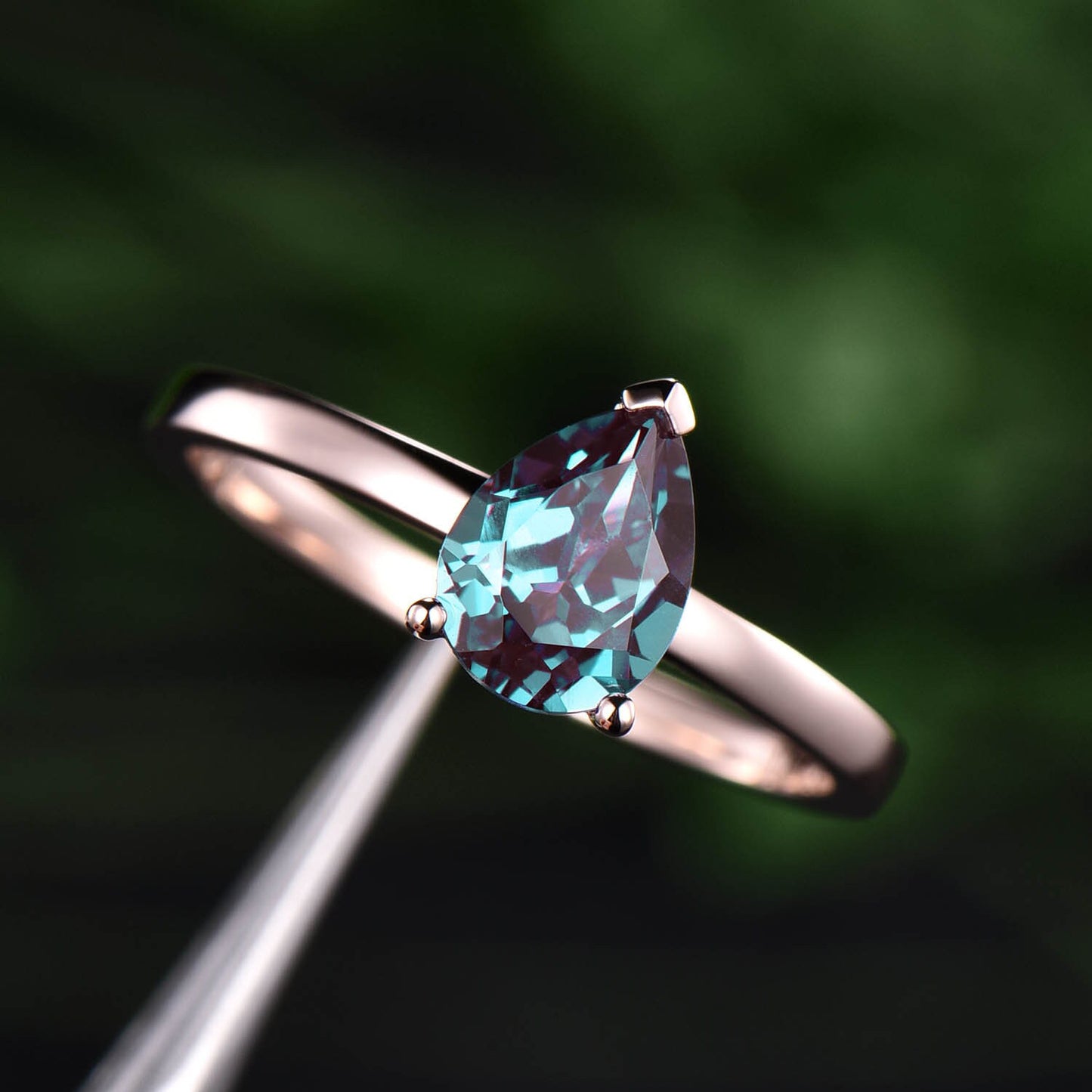 Pear shaped Alexandrite ring rose gold silver unique Solitaire engagement ring dainty Minimalist prong set anniversary wedding ring women
