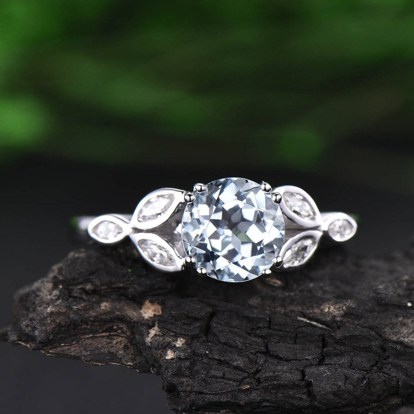 Aquamarine engagement ring rose gold 14K/18K moissanite wedding band aquamarine ring gold March birthstone ring flower marquise promise ring