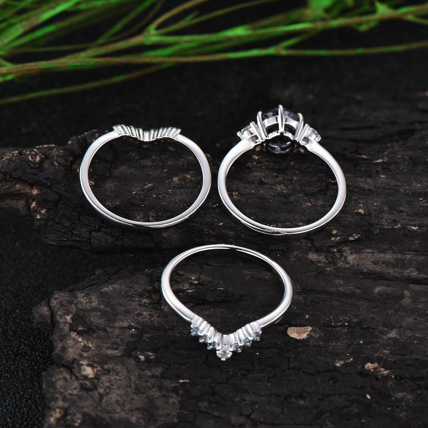 Alexandrite ring set unique alexandrite engagement ring set rose gold three stone engagement ring moissanite bridal wedding ring set women