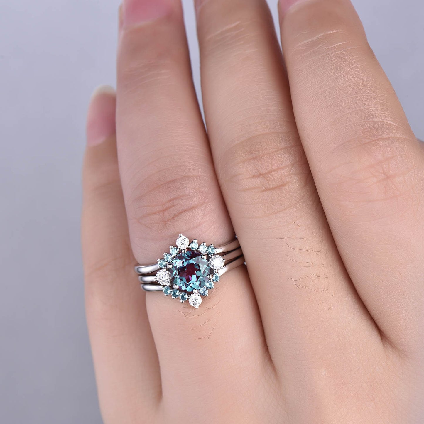 Alexandrite ring set unique alexandrite engagement ring set rose gold three stone engagement ring moissanite bridal wedding ring set women