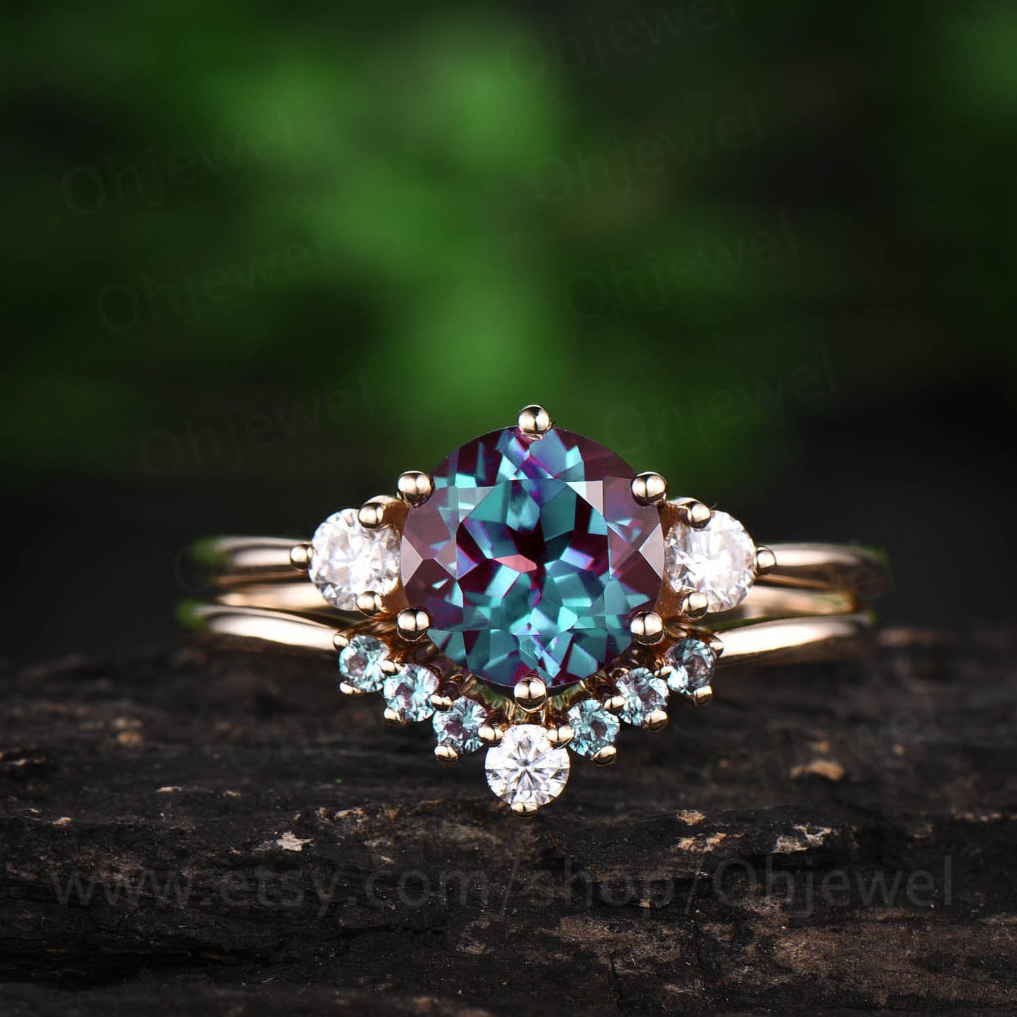 2pcs Three stone engagement ring moissanite crown ring color change alexandrite engagement ring set rose gold alexandrite bridal wedding set