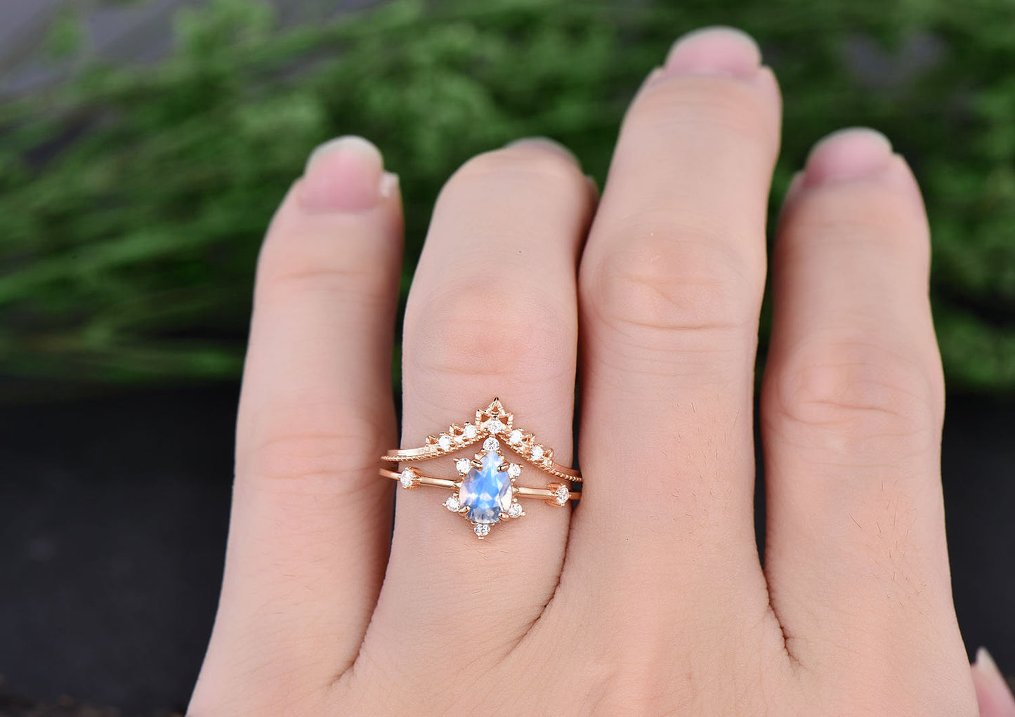 Pear moonstone wedding bridal set rose gold ring set 2pcs moonstone engagement ring set antique unique cluster moissanite ring thin band