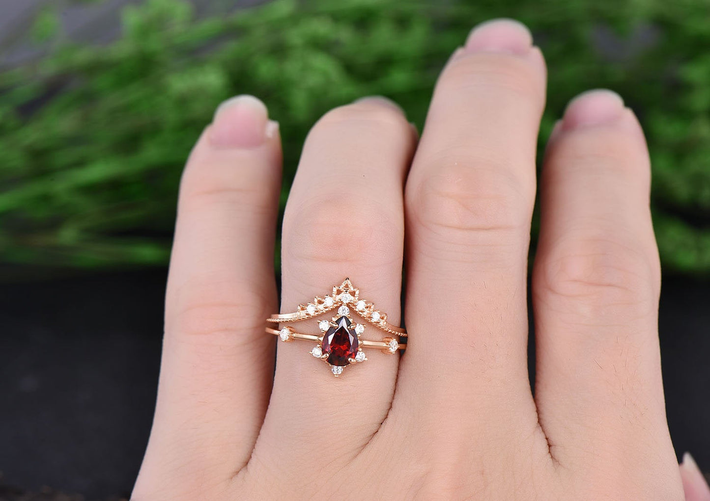 Rose gold ring set unique vintage engagement ring 2pcs pear garnet engagement ring set cluster moissanite ring set garnet wedding bridal set