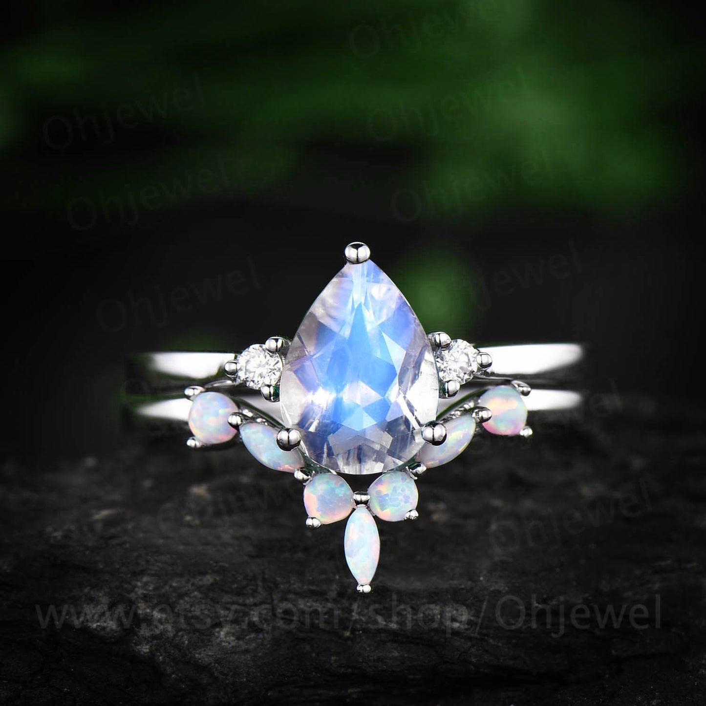 Marquise opal ring moissanite ring vintage unique three stone engagement ring 2pcs pear moonstone engagement ring set white gold jewelry