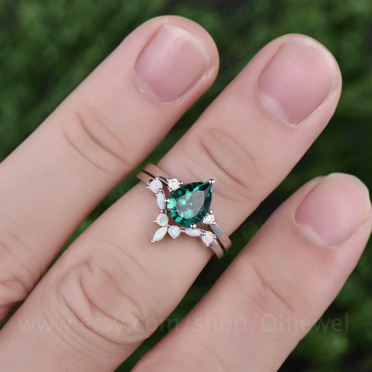 Opal ring curved opal wedding band 2pcs emerald engagement ring set white gold vintage unique ring stacking matching ring custom jewelry