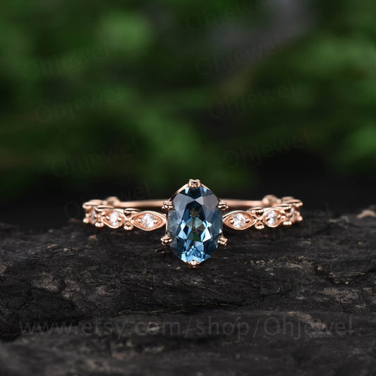 5x7mm oval cut London blue topaz engagement ring solid rose gold ring vintage topaz ring art deco moissanite ring birthday gift for her