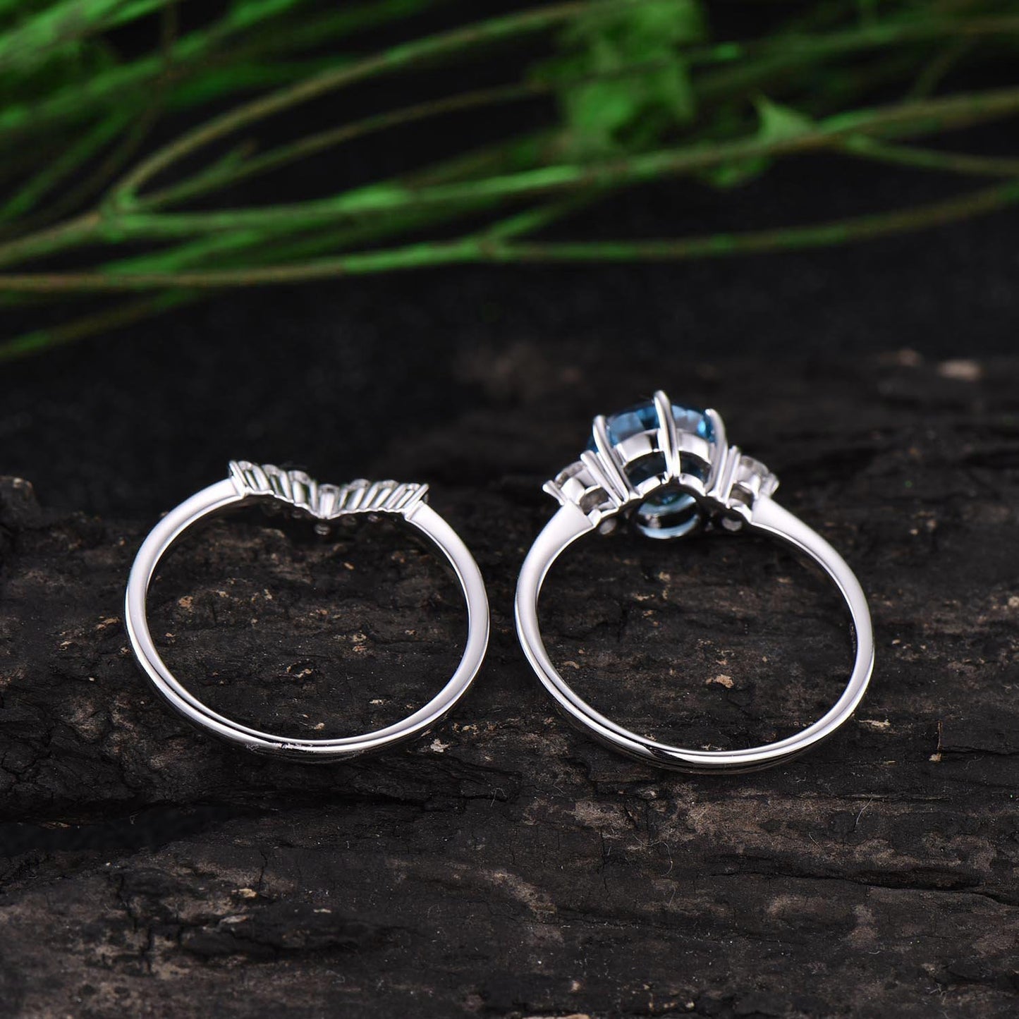 Three stone ring Swiss topaz ring gold 2pcs Swiss blue topaz engagement ring set topaz ring set white gold ring matching stacking ring