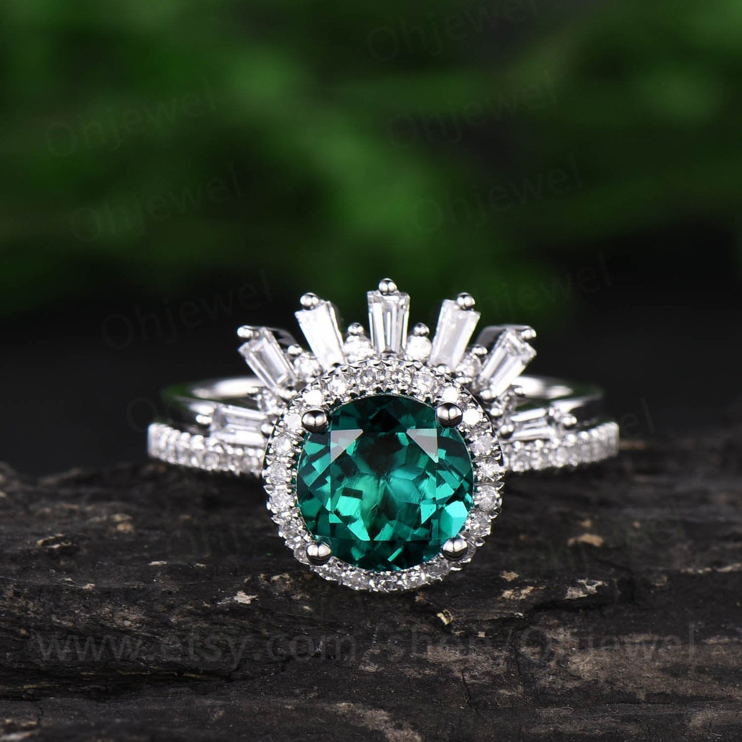 1.2ct emerald engagement ring set rose gold 14K/18K emerald ring gold set Crown matching halo diamond wedding ring band may birthstone ring