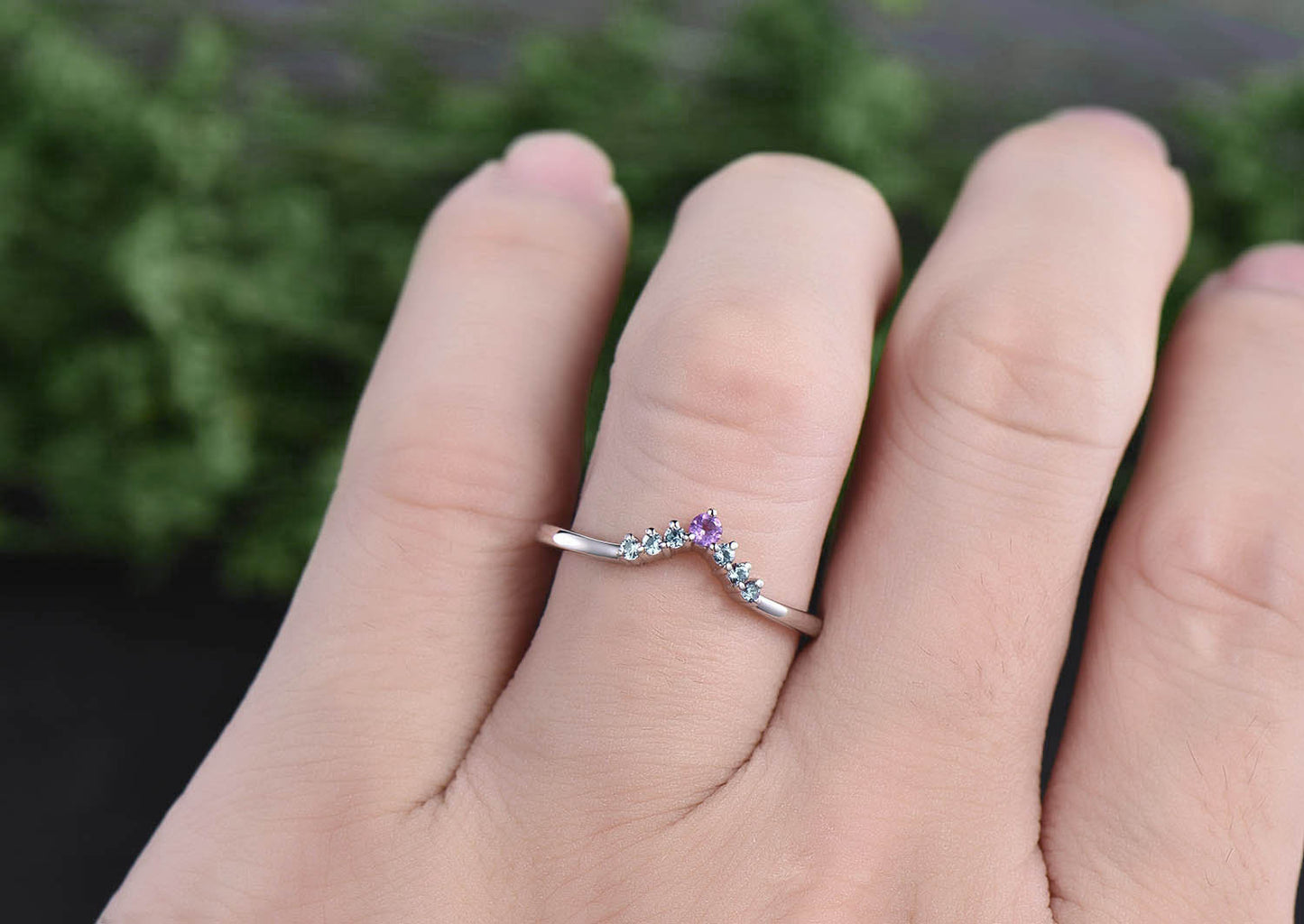 Amethyst ring Curved V Alexandrite wedding band matching stacking ring band white gold jewelry anniversary birthday gift