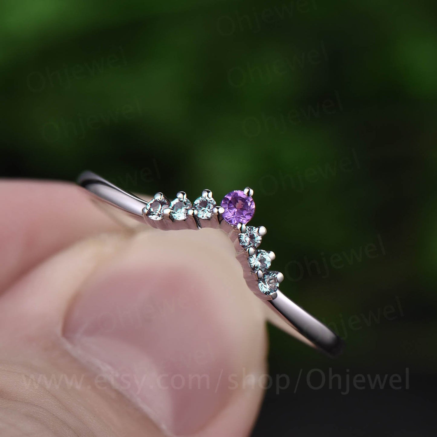 Amethyst ring Curved V Alexandrite wedding band matching stacking ring band white gold jewelry anniversary birthday gift