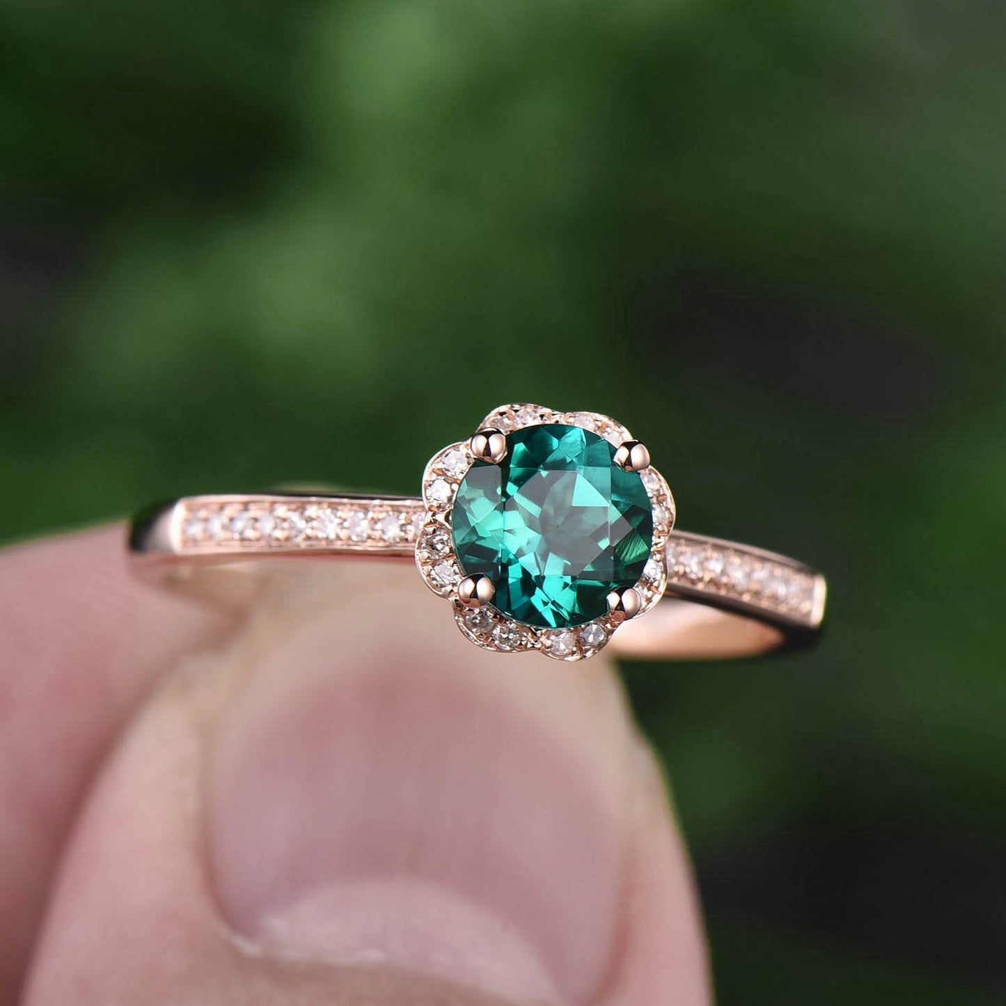 Flower green emerald engagement ring rose gold 14K/18K emerald ring vintage may birthstone halo diamond wedding unique promise bridal ring