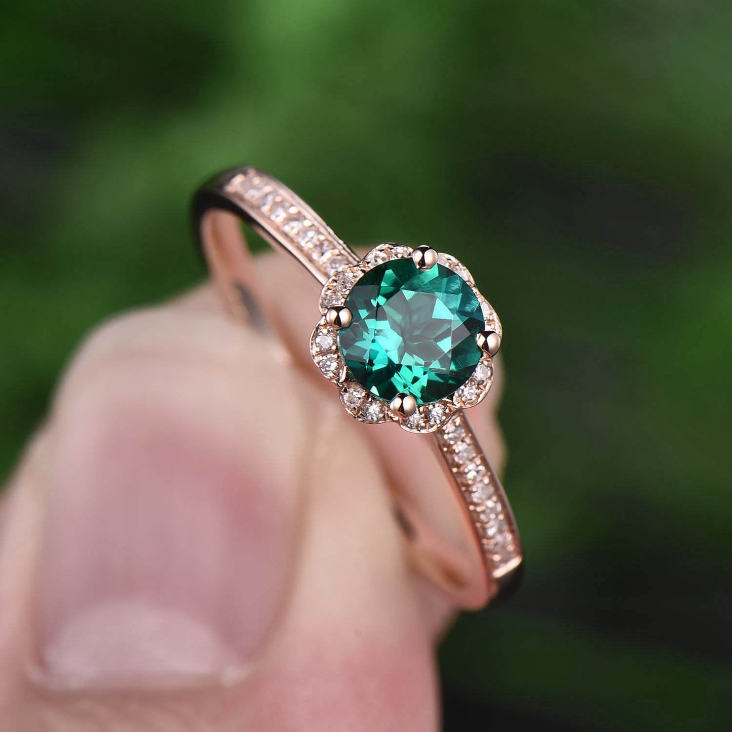 Flower green emerald engagement ring rose gold 14K/18K emerald ring vintage may birthstone halo diamond wedding unique promise bridal ring
