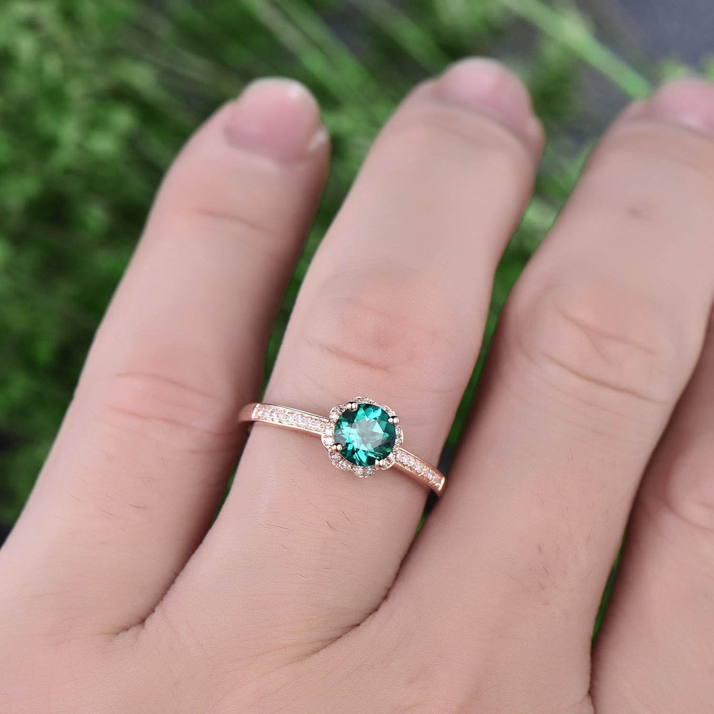 Flower green emerald engagement ring rose gold 14K/18K emerald ring vintage may birthstone halo diamond wedding unique promise bridal ring