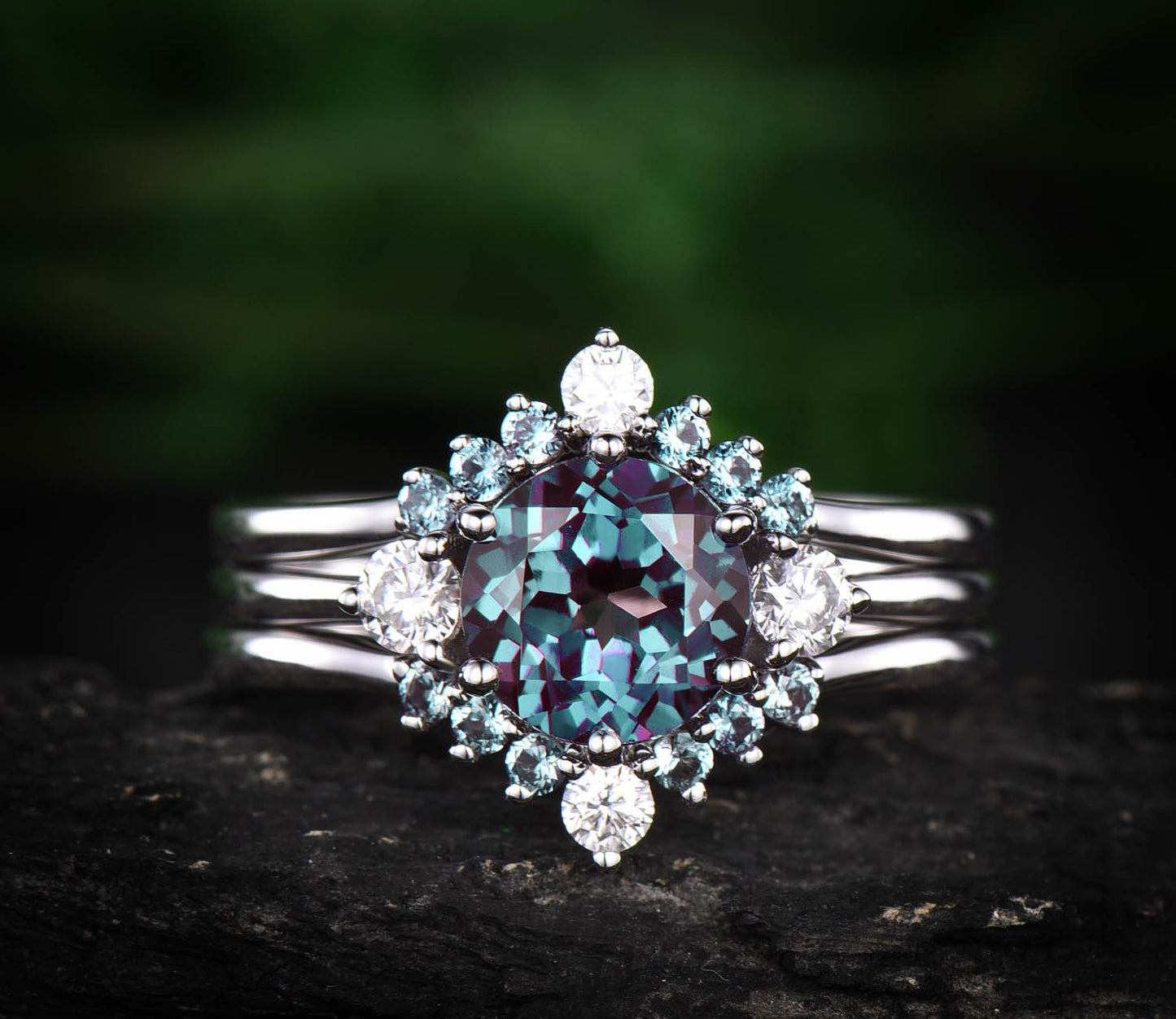 Alexandrite ring set unique alexandrite engagement ring set rose gold three stone engagement ring moissanite bridal wedding ring set women