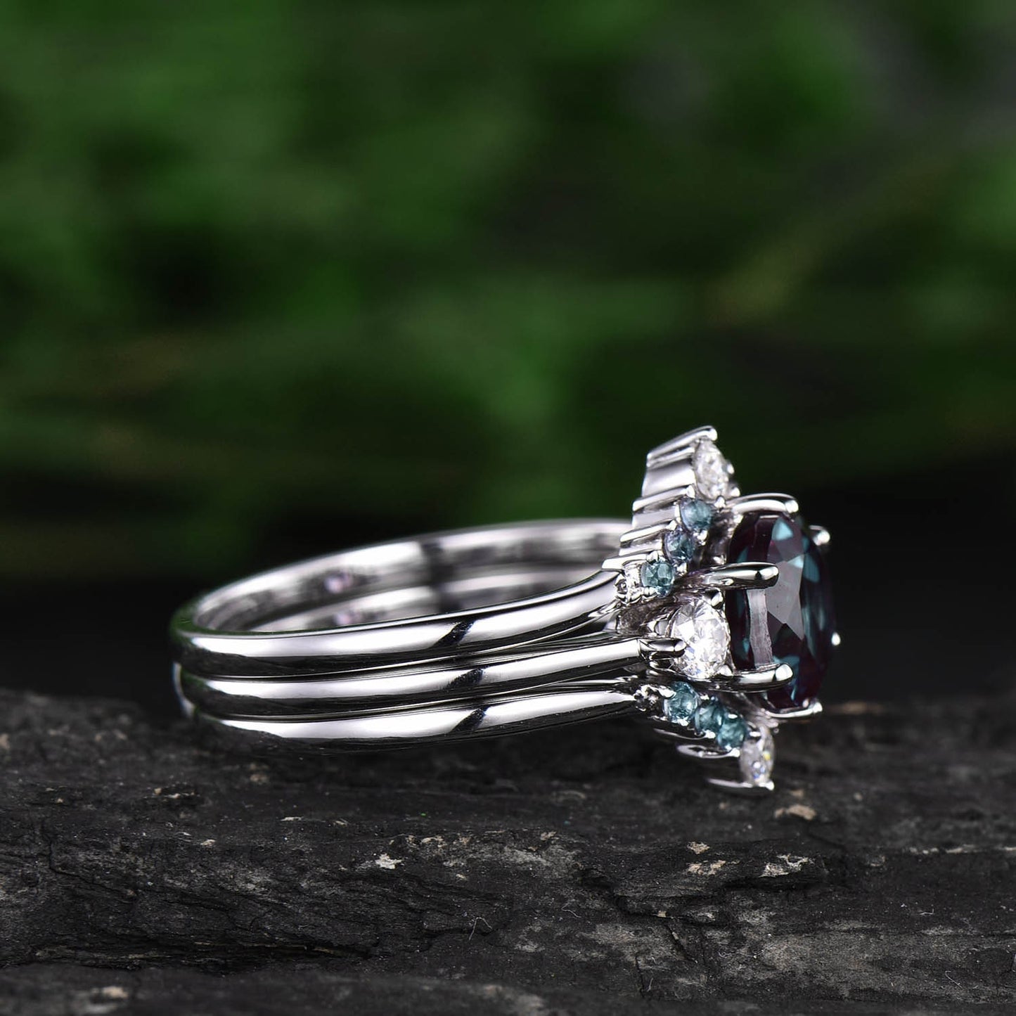 Alexandrite ring set unique alexandrite engagement ring set rose gold three stone engagement ring moissanite bridal wedding ring set women
