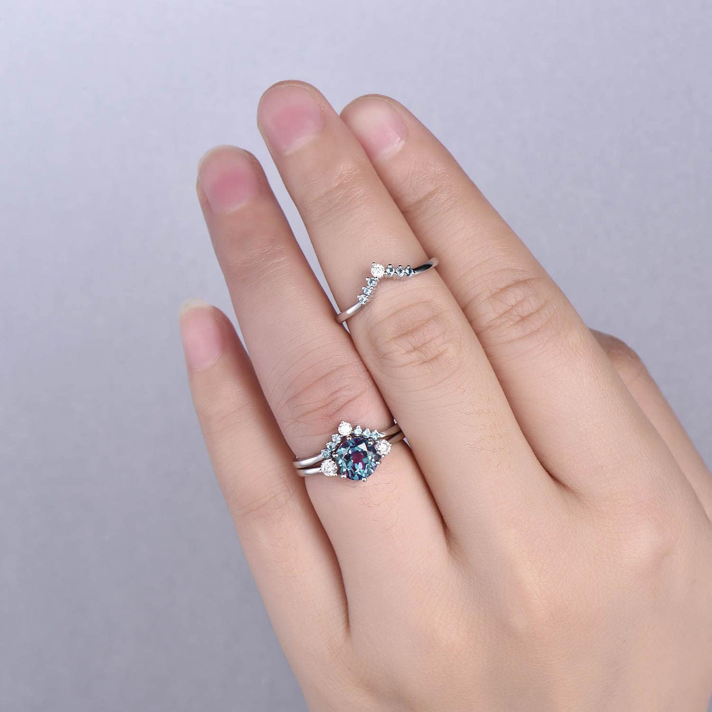 Alexandrite ring set unique alexandrite engagement ring set rose gold three stone engagement ring moissanite bridal wedding ring set women