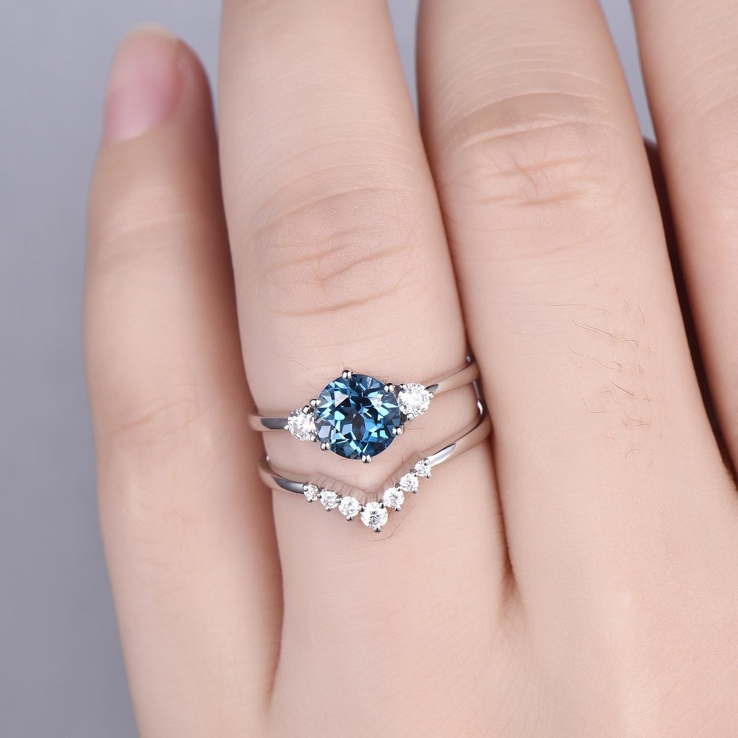 Three stone London blue topaz engagement ring set rose gold topaz ring vintage November birthstone moissanite wedding bridal ring set women