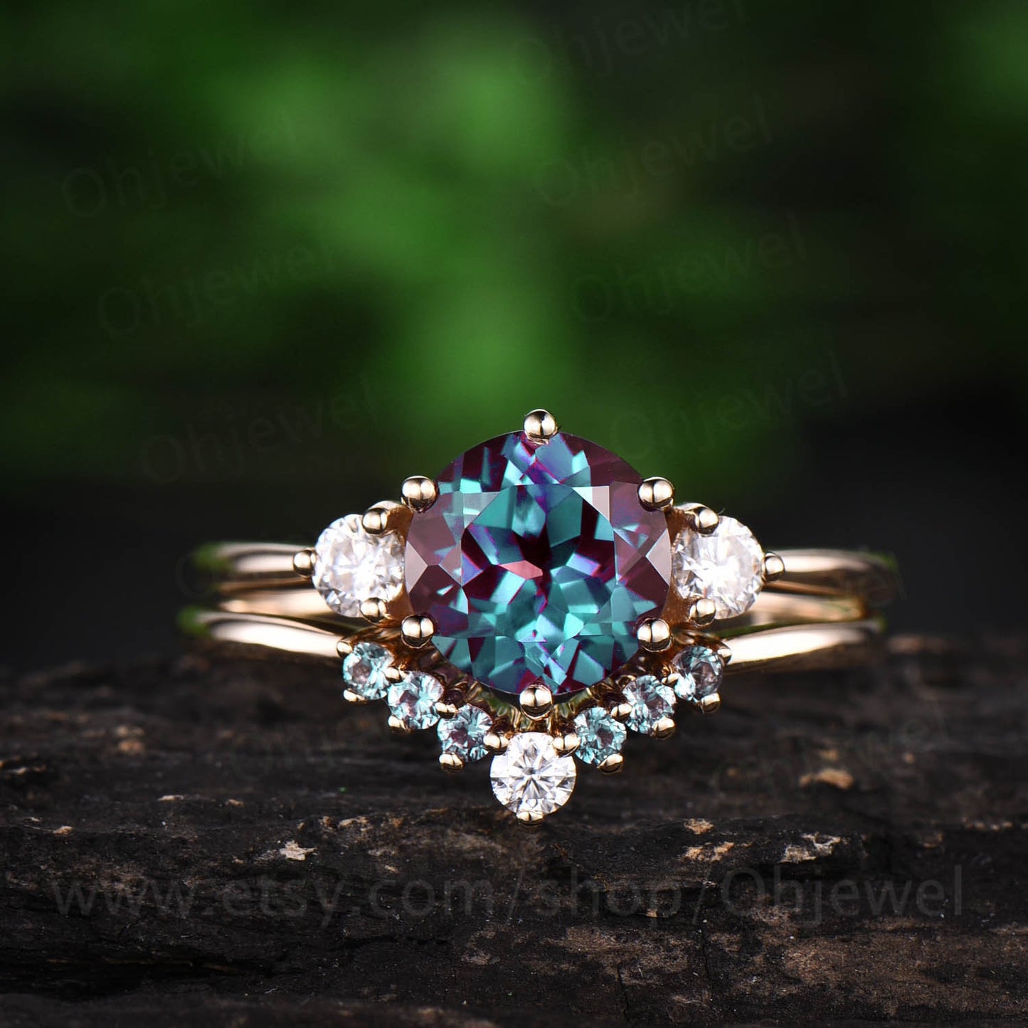 2pcs Three stone ring vintage unique moissanite engagement ring alexandrite bridal set round alexandrite engagement ring set white gold ring