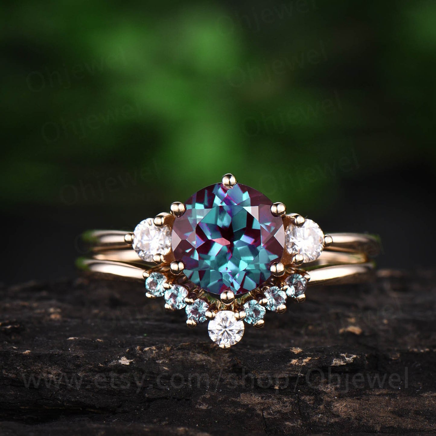 Vintage alexandrite engagement ring set 14k white gold three stone moissanite ring for women unique engagement ring promise wedding ring set