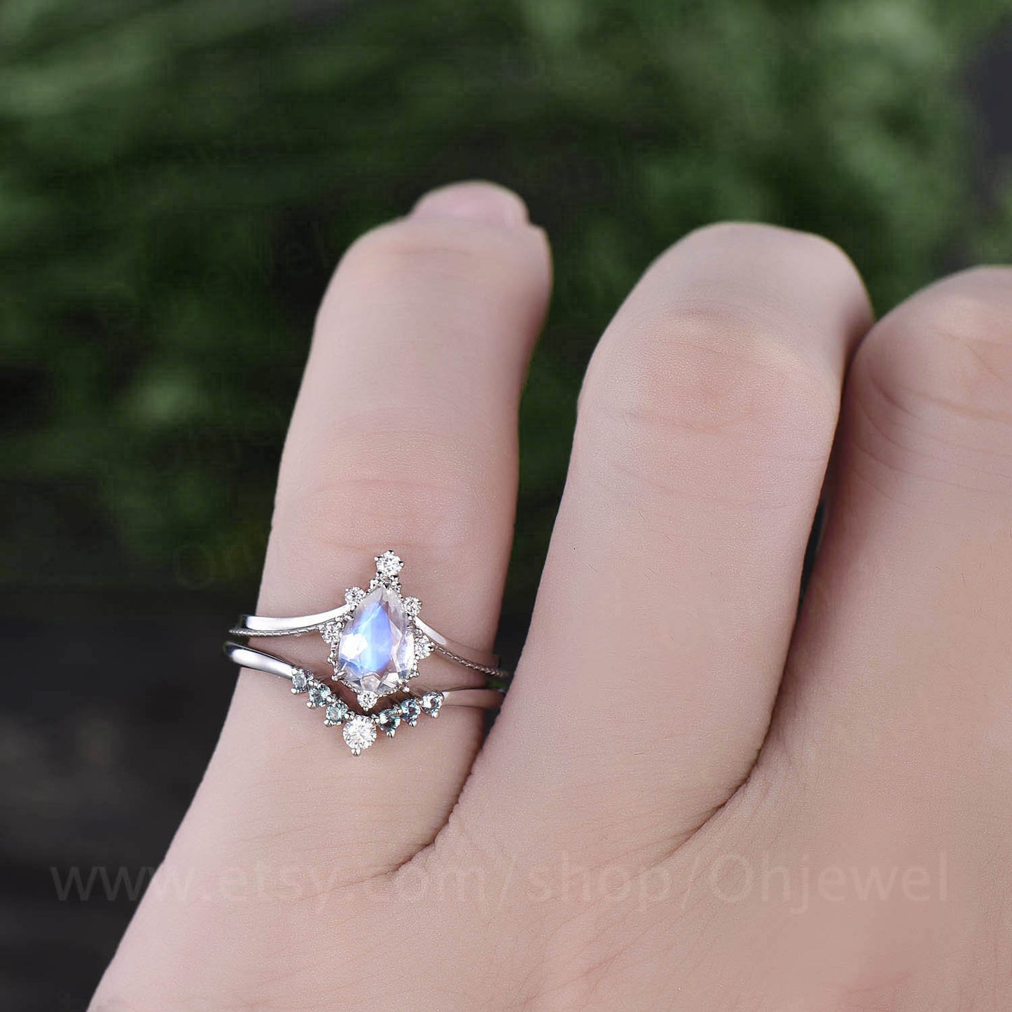 2pcs pear moonstone engagement ring set vintage alexandrite ring set white gold unique alexandrite wedding band June birthstone ring set