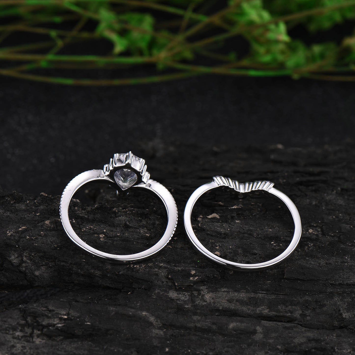 2pcs pear moonstone engagement ring set vintage alexandrite ring set white gold unique alexandrite wedding band June birthstone ring set