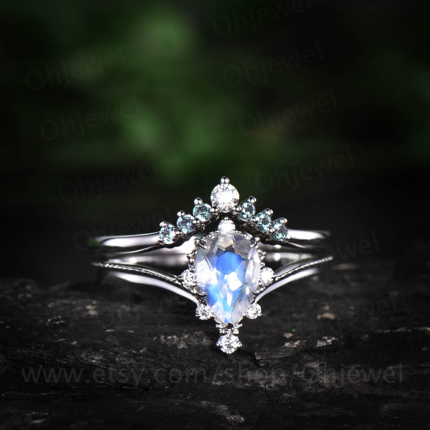 2pcs pear moonstone engagement ring set vintage alexandrite ring set white gold unique alexandrite wedding band June birthstone ring set