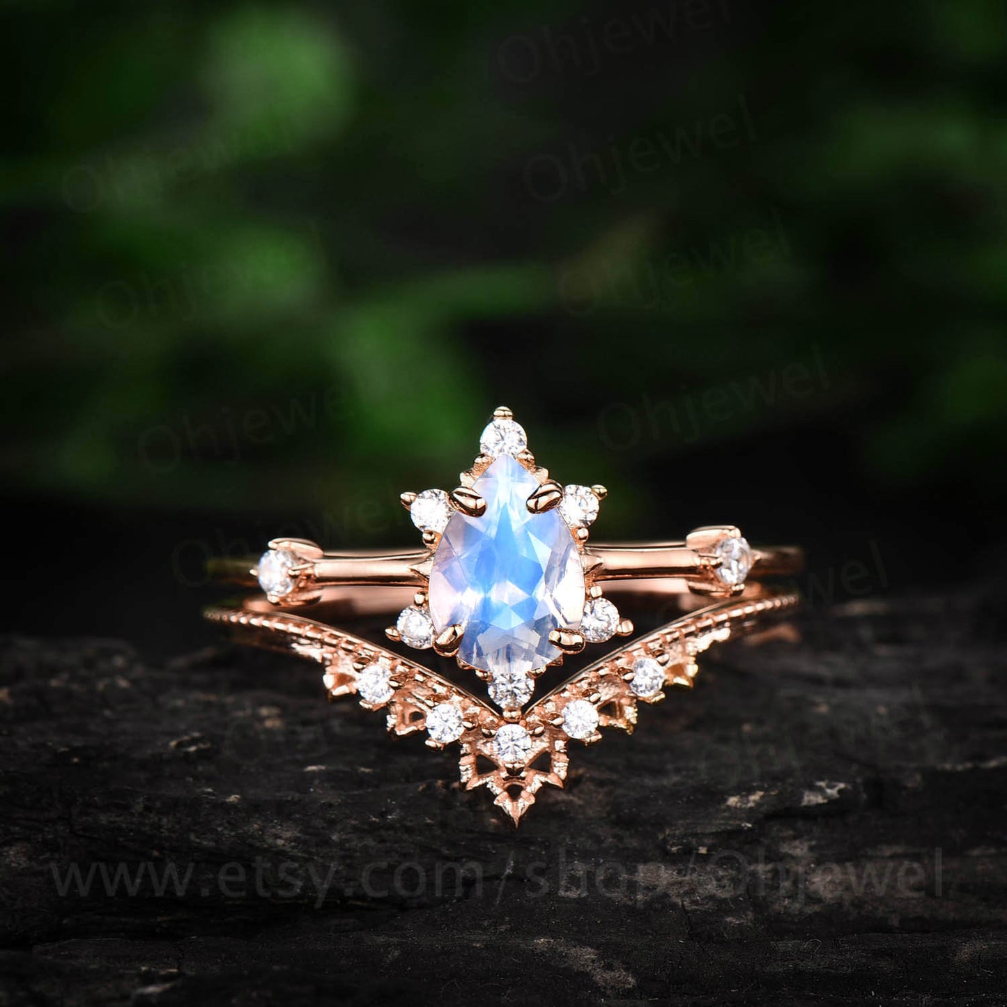 Pear moonstone wedding bridal set rose gold ring set 2pcs moonstone engagement ring set antique unique cluster moissanite ring thin band