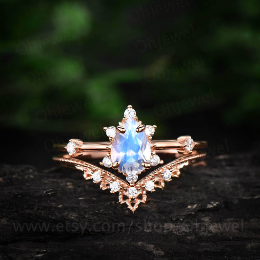 Pear moonstone wedding bridal set rose gold ring set 2pcs moonstone engagement ring set antique unique cluster moissanite ring thin band