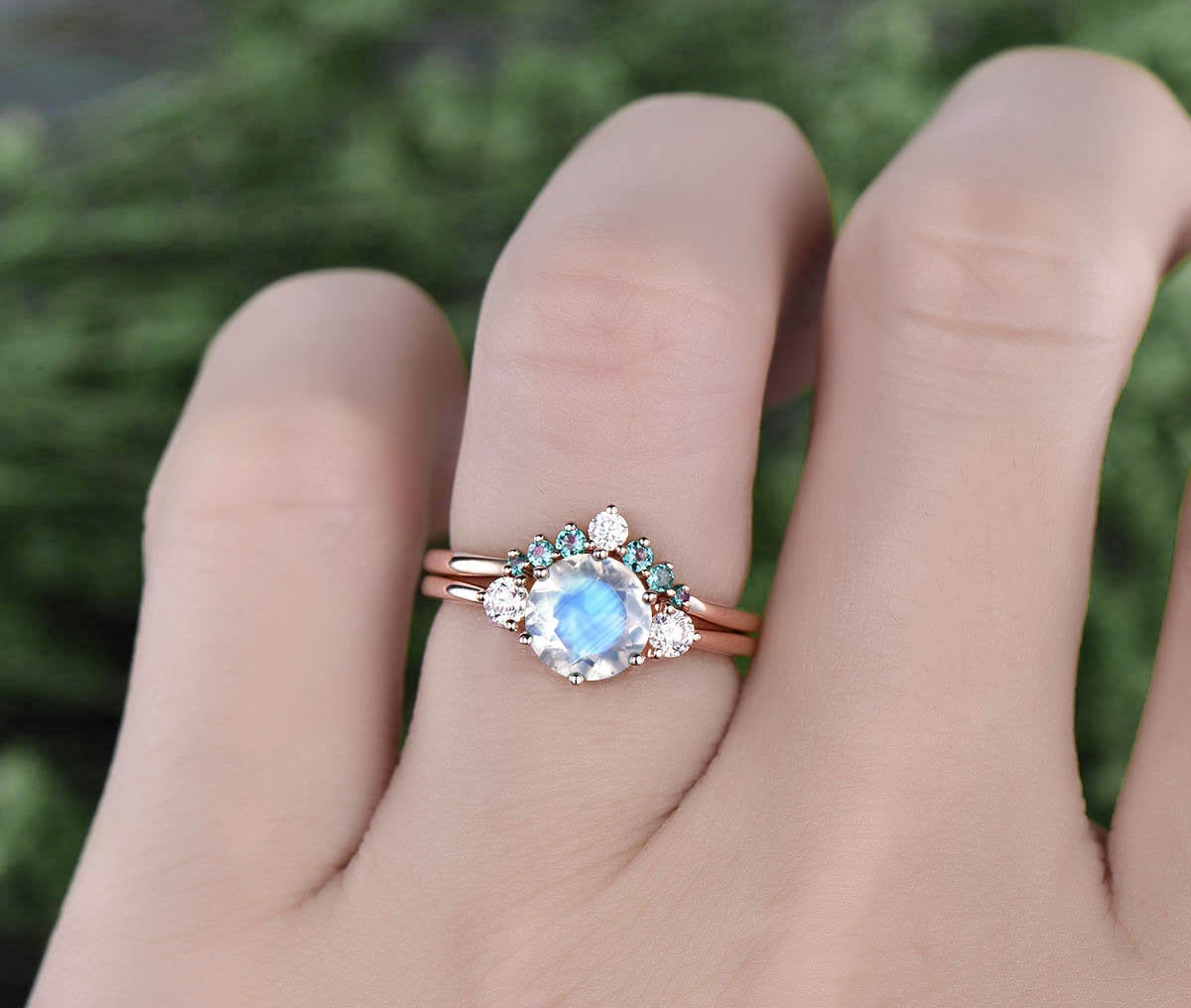 2pc Three stone ring moissanite crown ring alexandrite wedding band natural moonstone engagement ring set rose gold June birthstone ring set