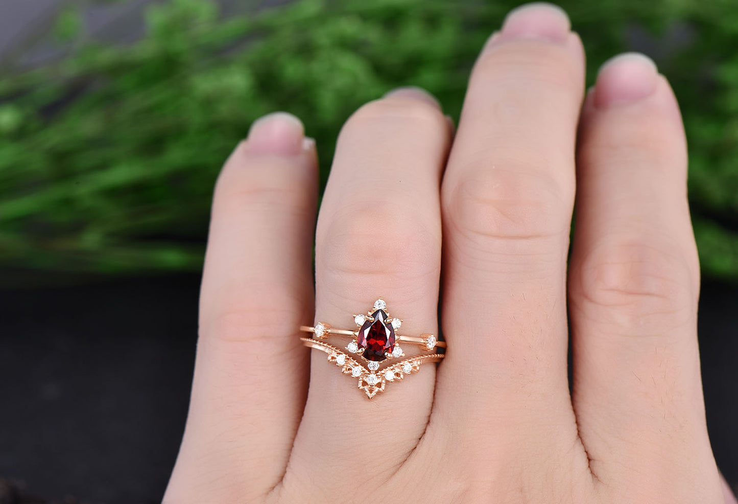 Rose gold ring set unique vintage engagement ring 2pcs pear garnet engagement ring set cluster moissanite ring set garnet wedding bridal set