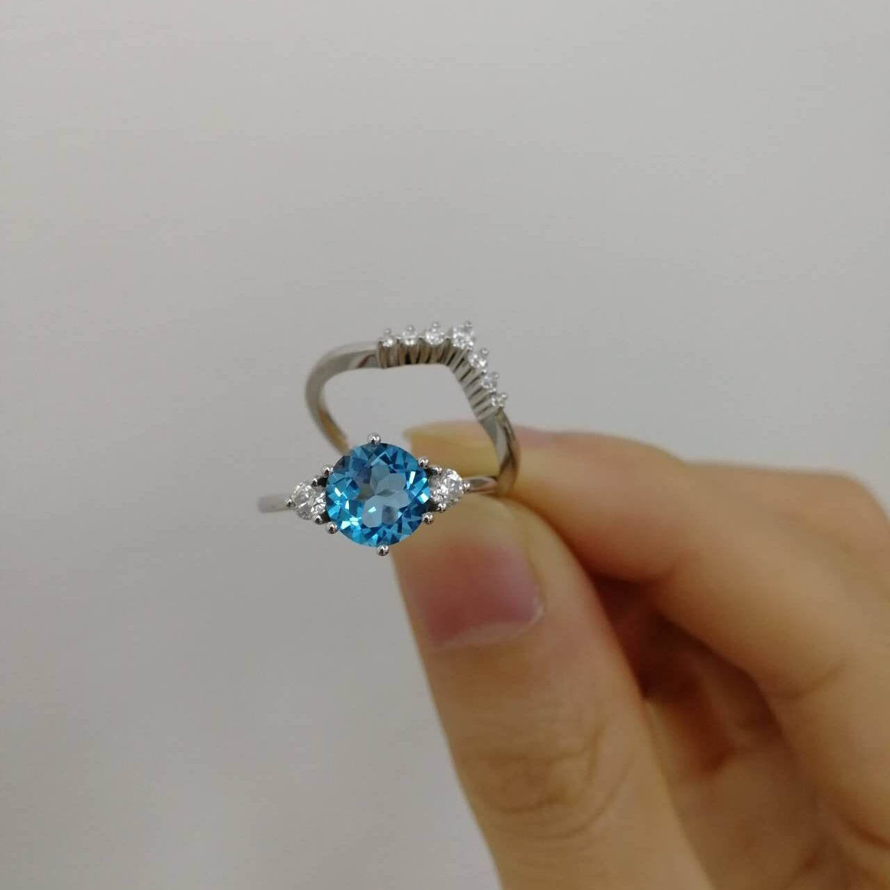 Three stone ring Swiss topaz ring gold 2pcs Swiss blue topaz engagement ring set topaz ring set white gold ring matching stacking ring
