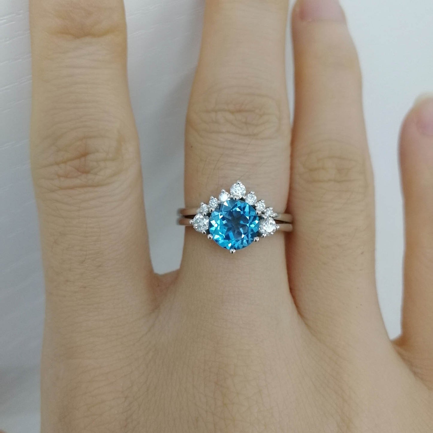 Three stone ring Swiss topaz ring gold 2pcs Swiss blue topaz engagement ring set topaz ring set white gold ring matching stacking ring