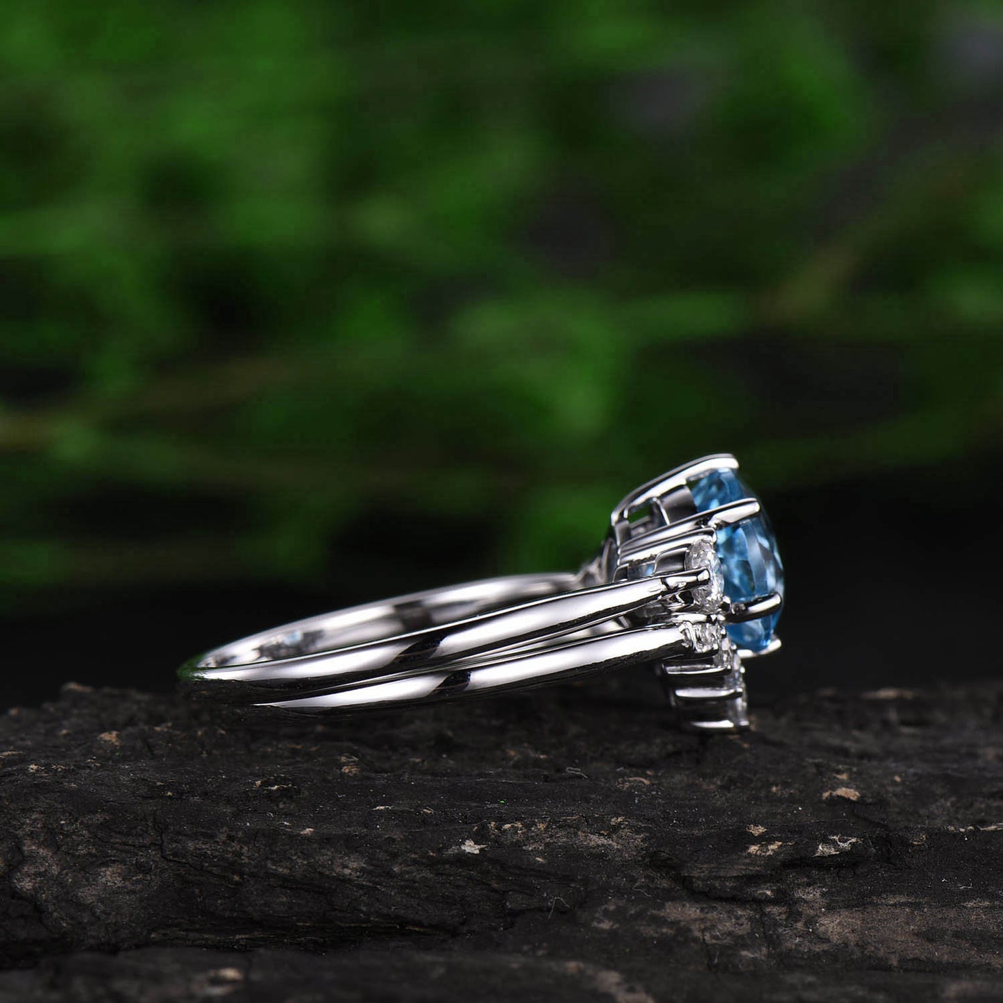 Three stone ring Swiss topaz ring gold 2pcs Swiss blue topaz engagement ring set topaz ring set white gold ring matching stacking ring