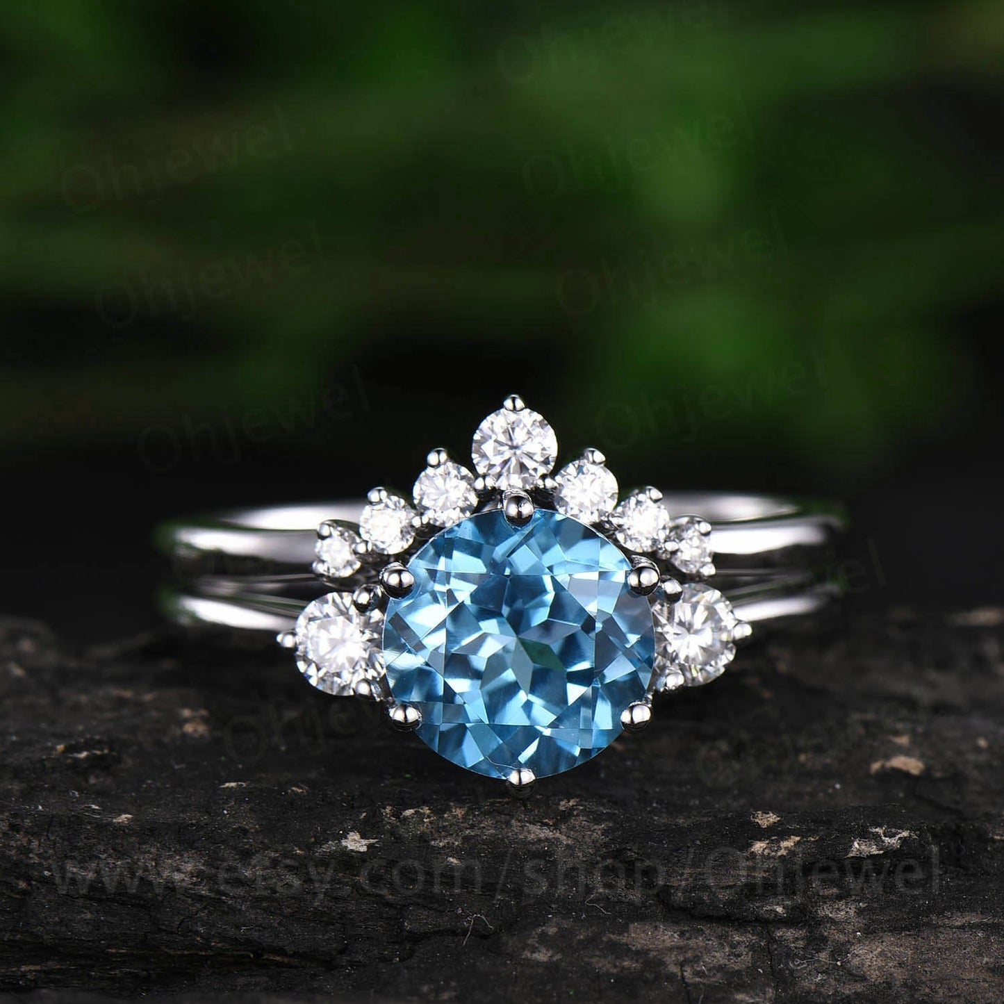 Three stone ring Swiss topaz ring gold 2pcs Swiss blue topaz engagement ring set topaz ring set white gold ring matching stacking ring