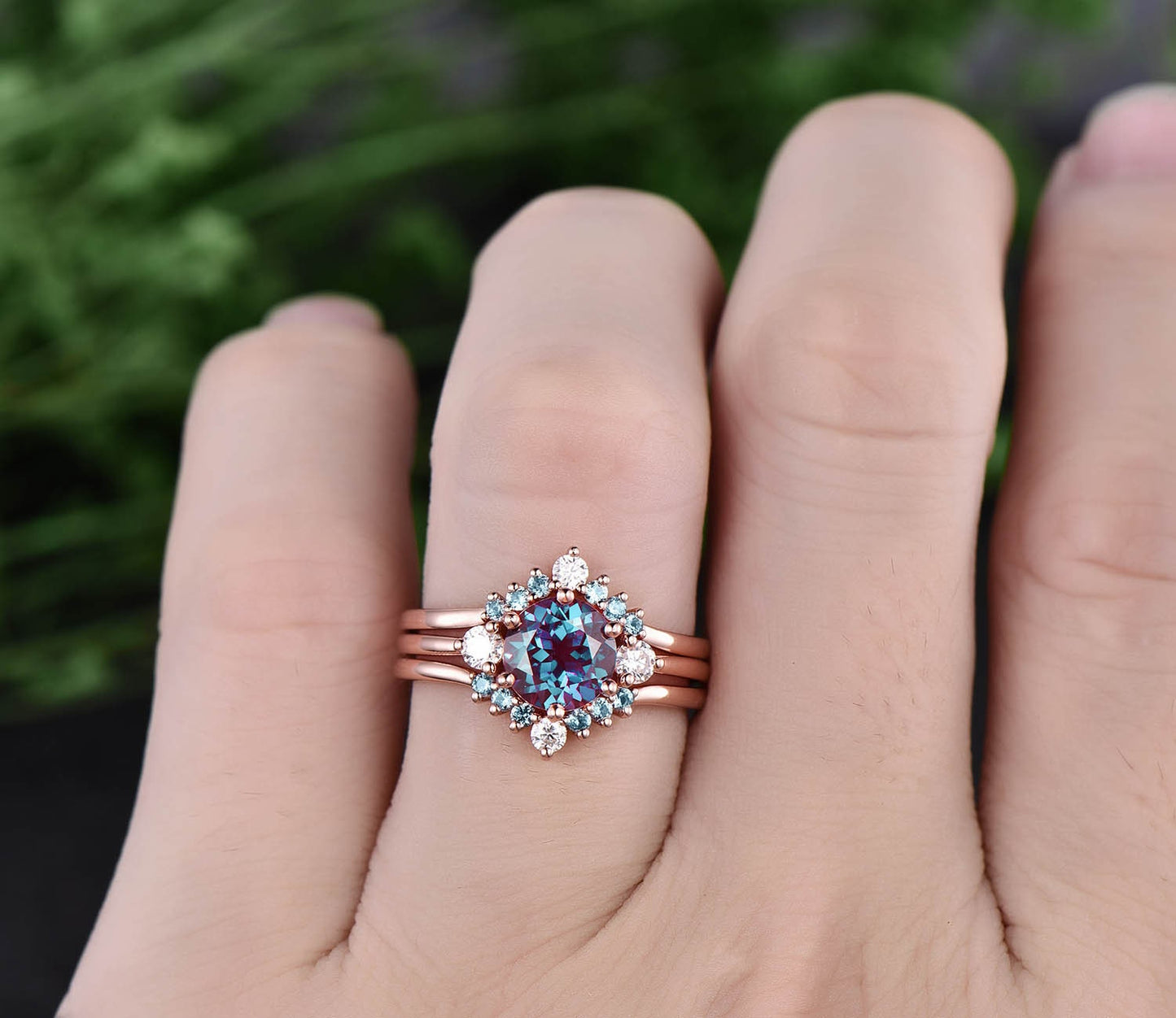 Alexandrite ring set unique alexandrite engagement ring set rose gold three stone engagement ring moissanite bridal wedding ring set women