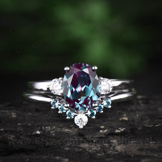 2pcs color change alexandrite engagement ring set white gold curved alexandrite wedding band vintage moissanite ring set wedding bridal set