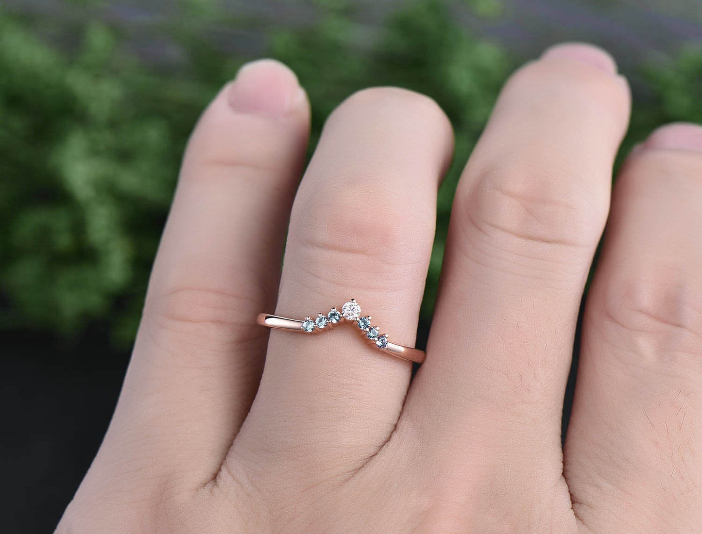 Curved V Alexandrite wedding band crown moissanite wedding ring matching stacking ring band rose gold jewelry anniversary birthday gift