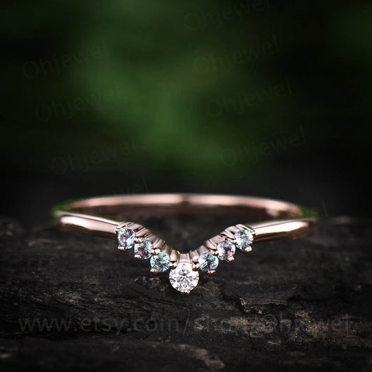 Curved V Alexandrite wedding band crown moissanite wedding ring matching stacking ring band rose gold jewelry anniversary birthday gift