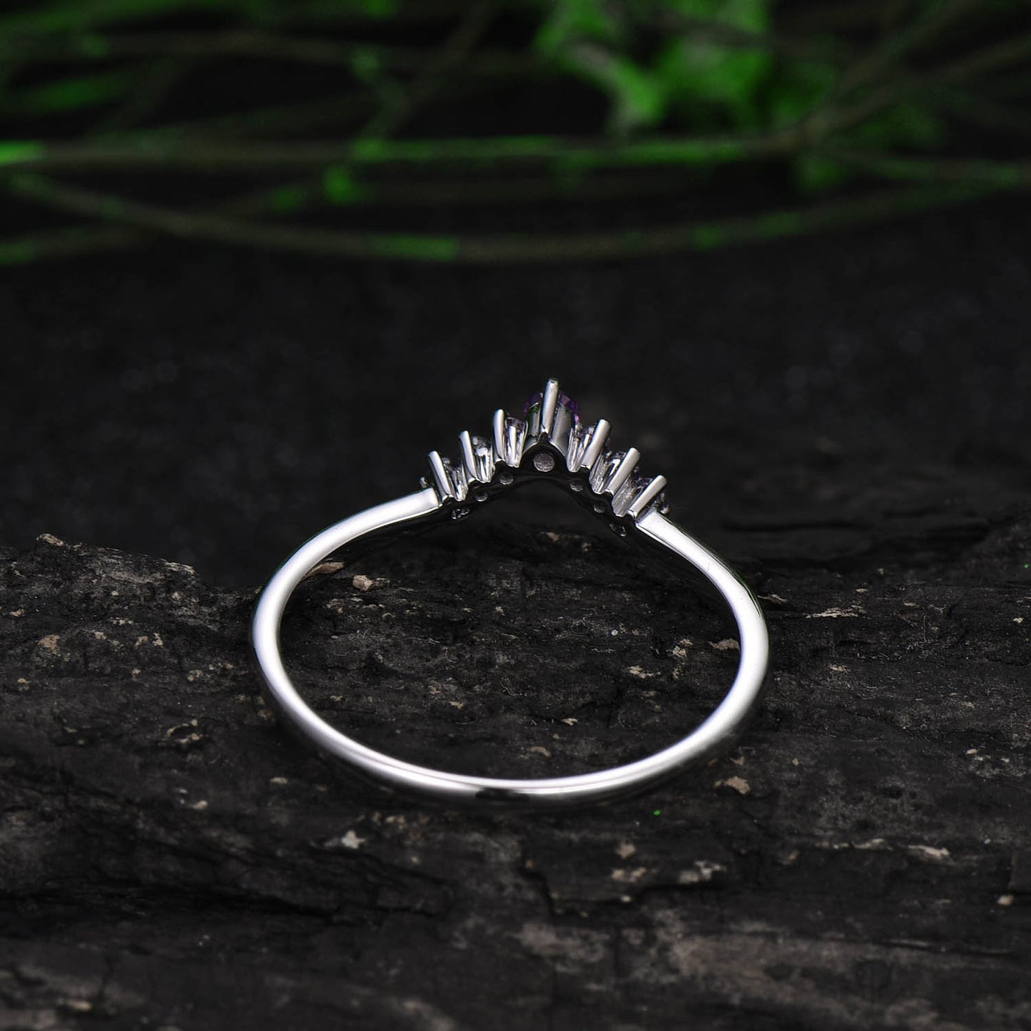 Amethyst ring Curved V Alexandrite wedding band matching stacking ring band white gold jewelry anniversary birthday gift