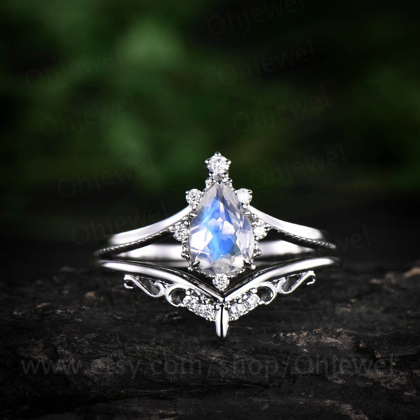 5x7mm pear moonstone ring set unique vintage 2pcs moonstone engagement ring set white gold moissanite ring June birthstone ring bridal set