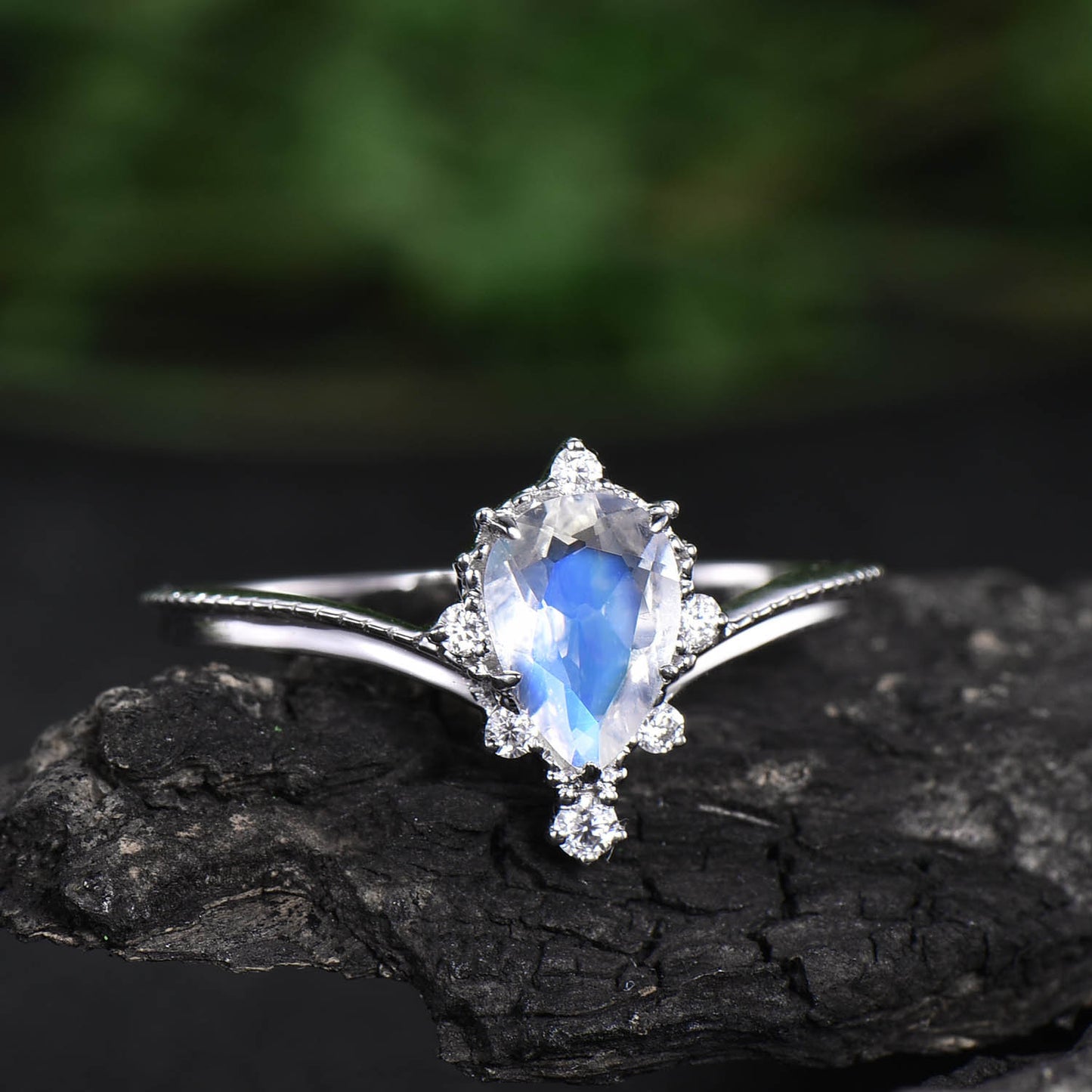 5x7mm pear cut moonstone engagement ring white gold June birthstone ring cluster unique vintage moissanite ring bridal anniversary gift