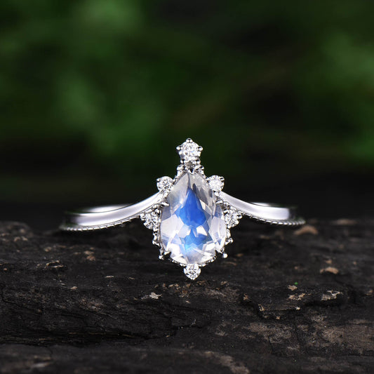 5x7mm pear cut moonstone engagement ring white gold June birthstone ring cluster unique vintage moissanite ring bridal anniversary gift
