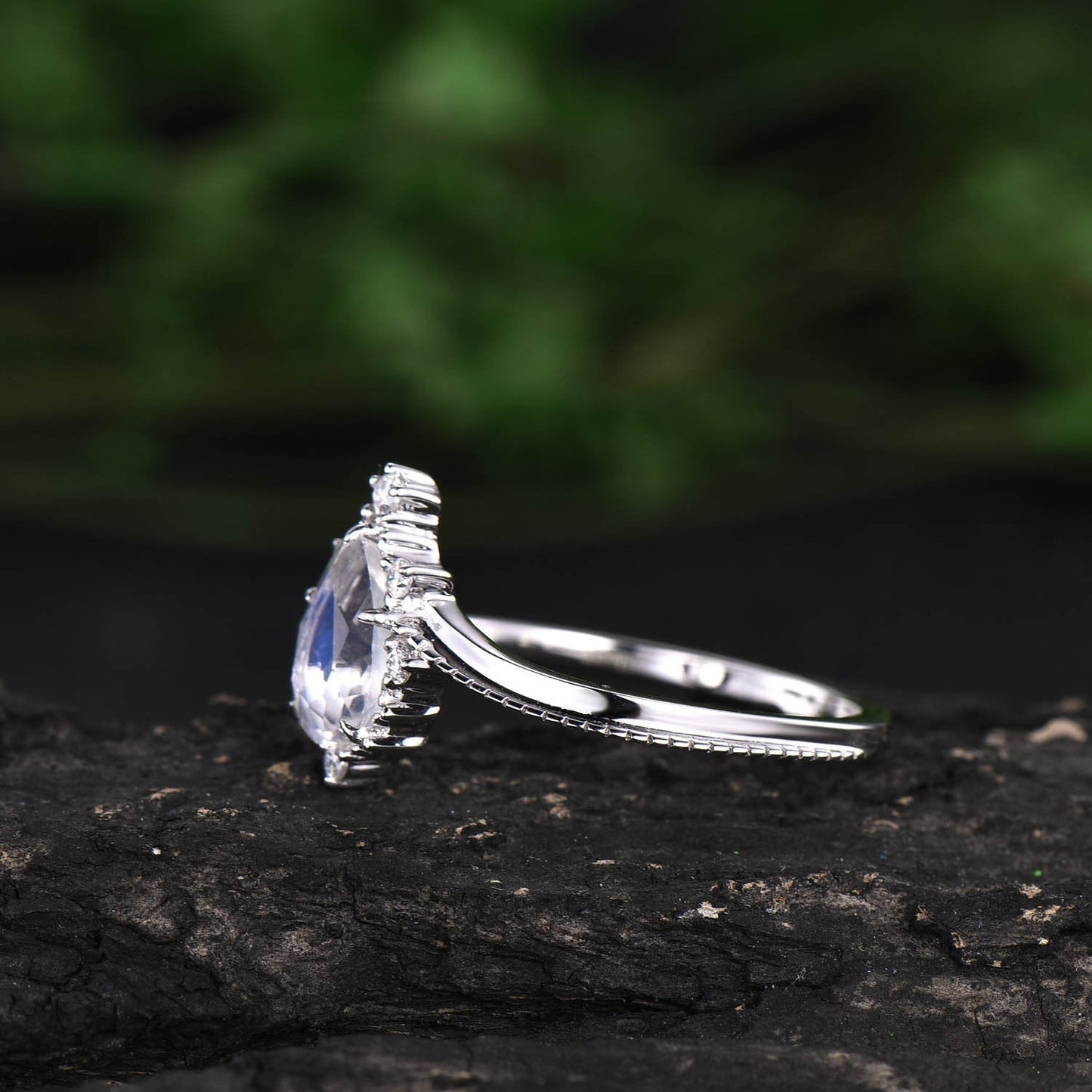 5x7mm pear cut moonstone engagement ring white gold June birthstone ring cluster unique vintage moissanite ring bridal anniversary gift