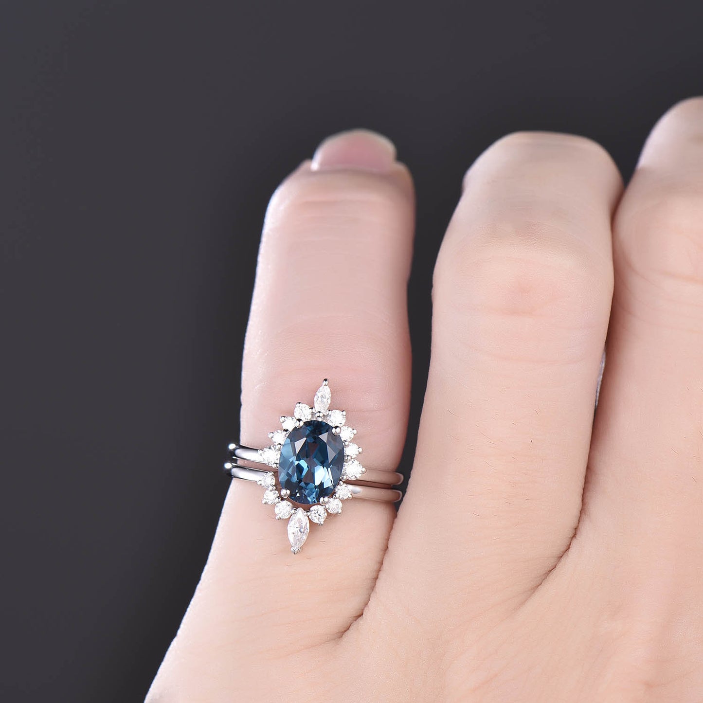 2pcs cluster crown art deco moissanite ring band oval London blue topaz engagement ring set rose gold vintage topaz wedding bridal ring set