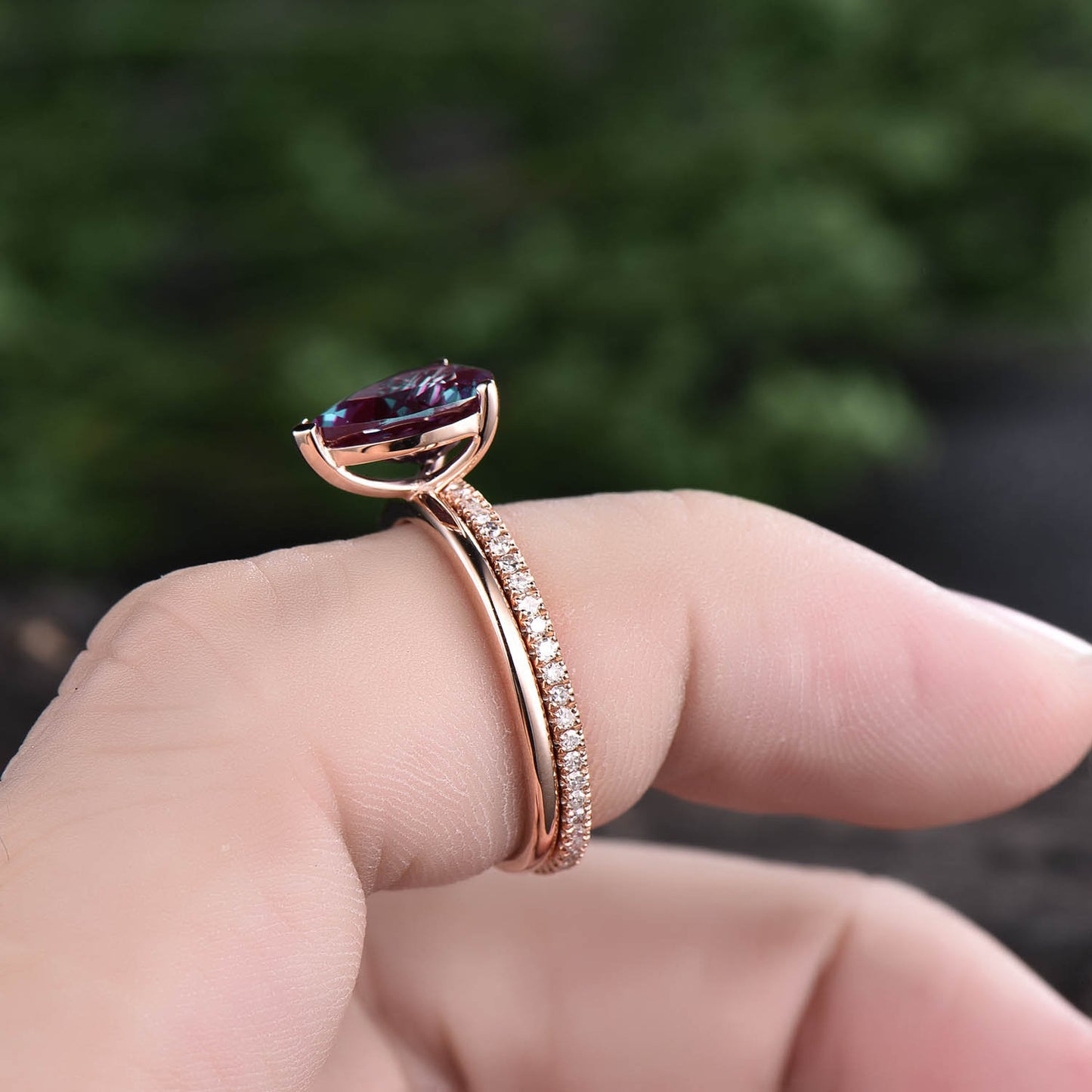 Solid rose gold ring 2ct solitaire alexandrite ring 2pcs color change alexandrite engagement ring set full eternity diamond wedding band